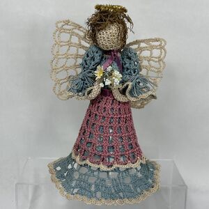 Crocheted Angel Christmas Tree Topper Starched Bouquet Halo Blue Pink Handmade